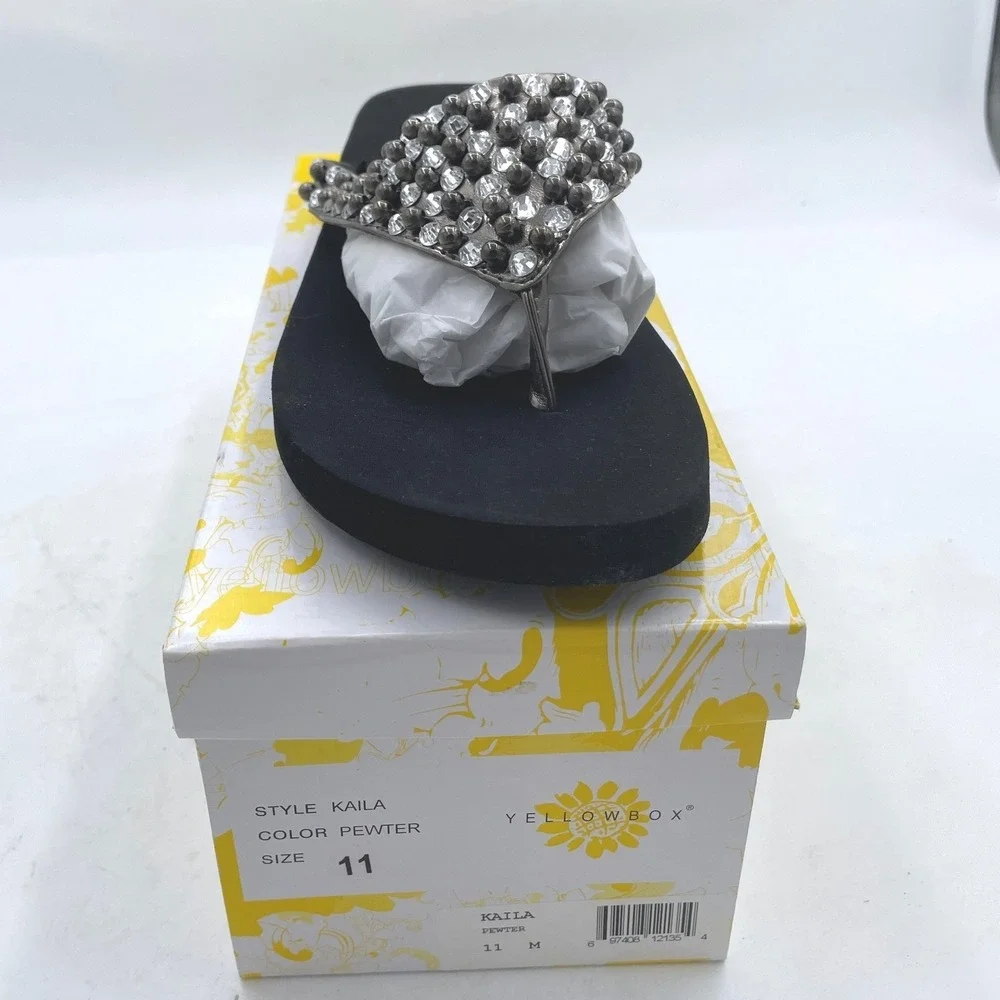 Yellow Box Idetta Pewter Rhinestone Studded Wedge Flip Flop Sandals Womens 11 - Picture 3 of 11
